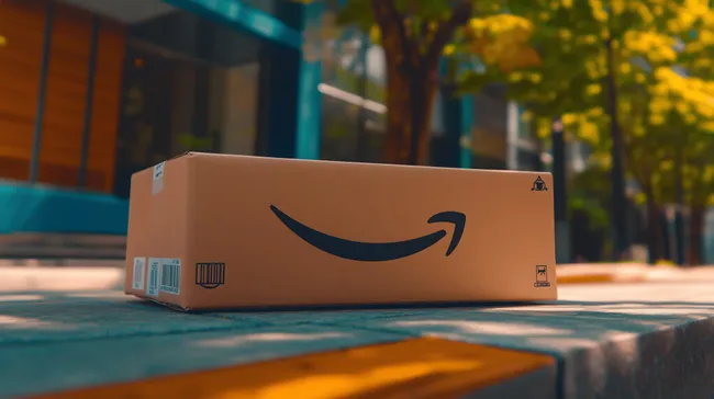 Amazon-Paket auf städtischer Straße vor modernem Gebäude