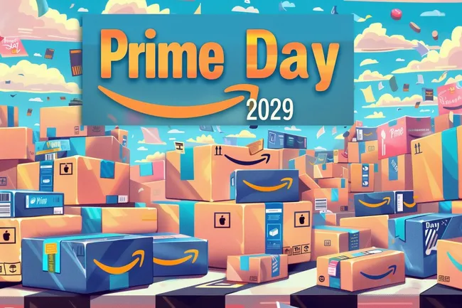 Amazon Prime Day 2029: Bunte Warenwelt in luftiger Illustration
