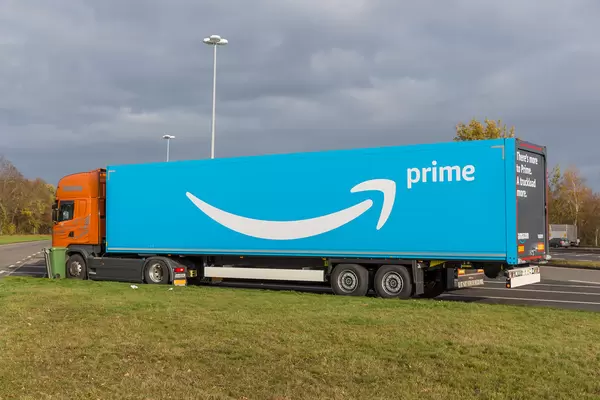 Amazon Prime Delivery Truck with Large Logo parking at a Rest Stop in Rhineland-Palatinate, Germany