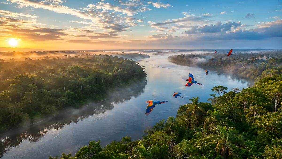 Amazonas bei Sonnenaufgang mit fliegenden Aras