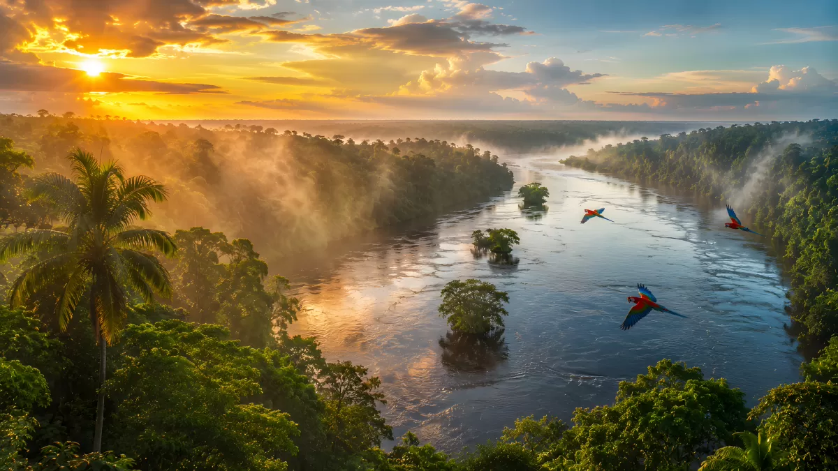 Amazonas-Fluss bei Sonnenaufgang mit Aras im Flug