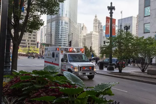 Ambulance of the Fire Department's Emergency Medical Services on the streets of Downtown Chicago