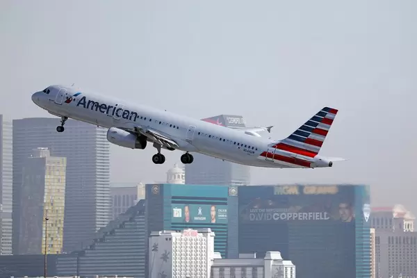 American Airlines airplane taking off from Las Vegas airport LAS
