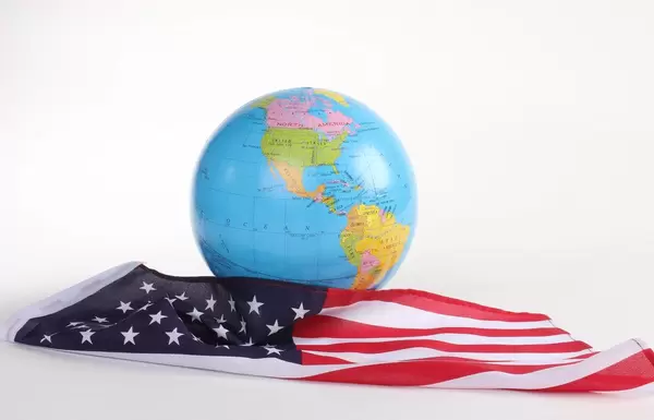 American flag with globe on white background
