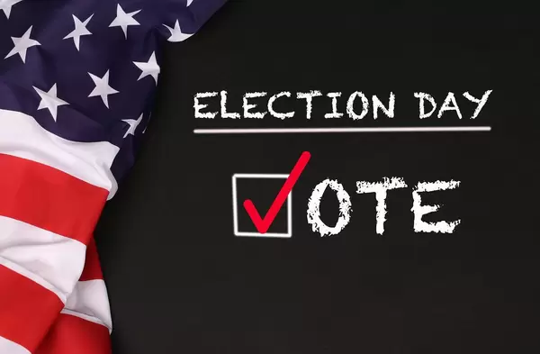 American flag with the text Election day against a blackboard background