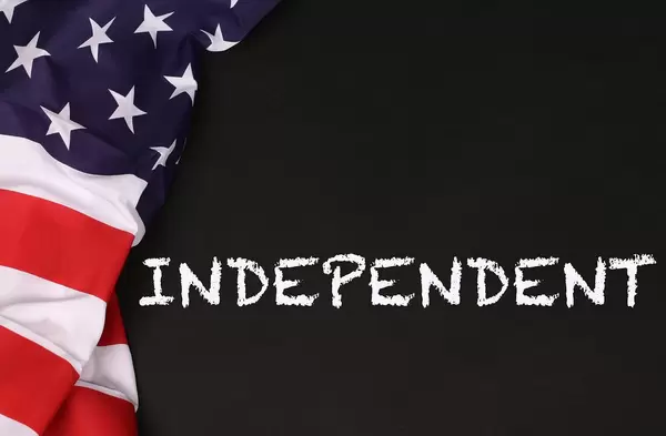 American flag with the text Independent against a blackboard background
