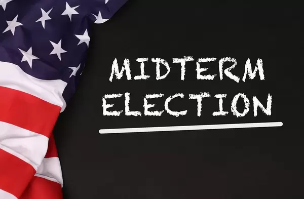 American flag with the text Midterm Election against a blackboard background