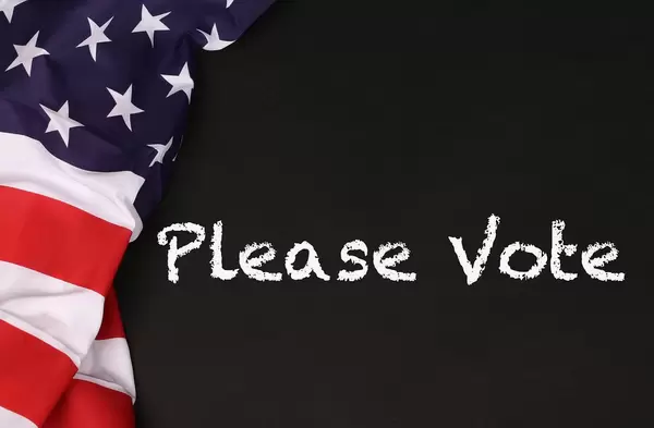 American flag with the text Please Vote against a blackboard background