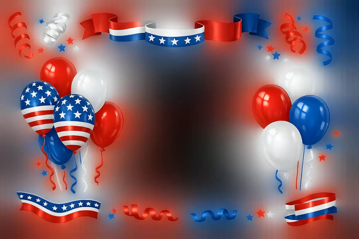 Amerikanische Feier mit Luftballons und Sternen-Bändern