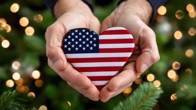Amerikanische Flagge in Herzform vor Weihnachtslichtern