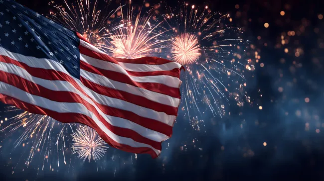 Amerikanische Flagge mit farbenfrohem Feuerwerk