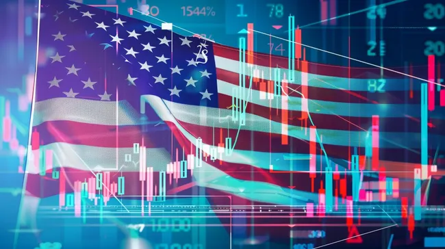 Amerikanische Flagge und Börsendiagramme