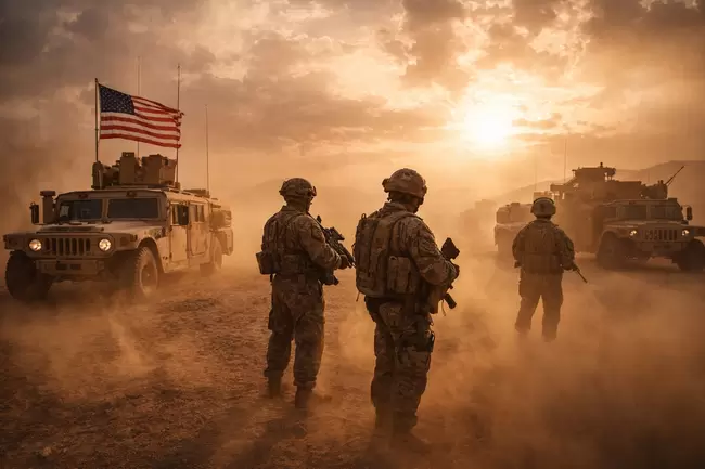 Amerikanische Soldaten in der Wüste - Dramatische Kriegslandschaft