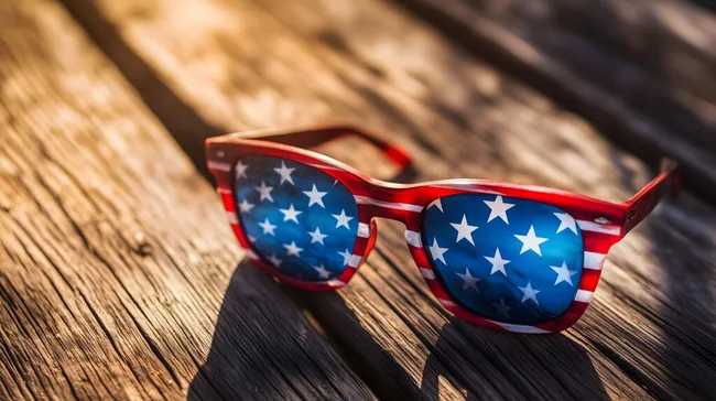 Amerikanische Sonnenbrille auf rustikalem Holztisch