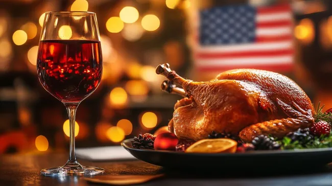 Amerikanisches Thanksgiving-Essen mit Truthahn und Wein