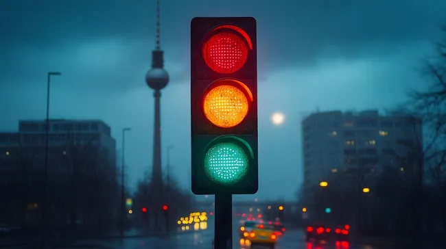 Ampellichter in düsterer Stadtnacht