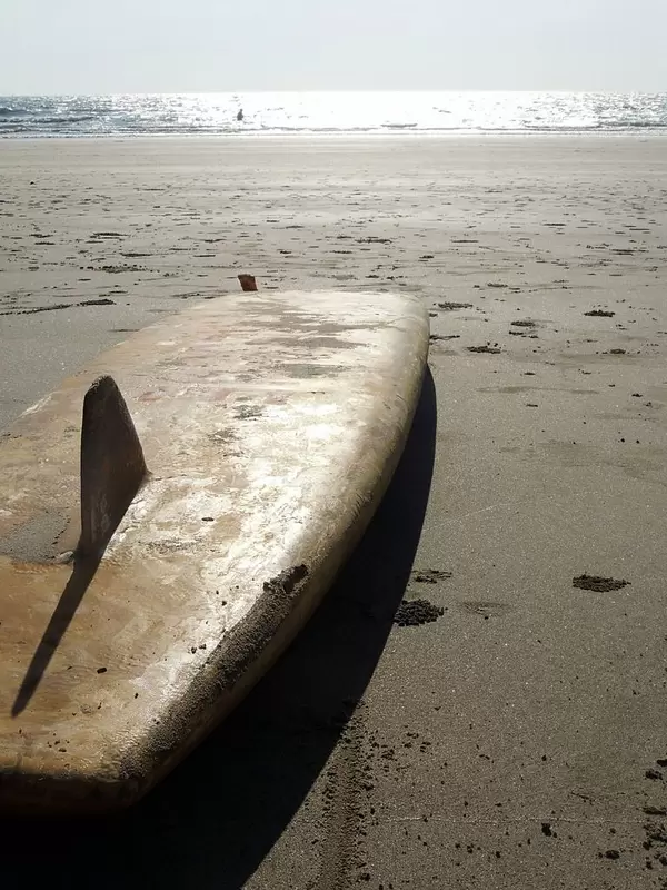 An abandoed surfboard on the beach of Goa, India