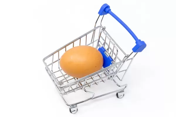 An egg in a miniature shopping cart