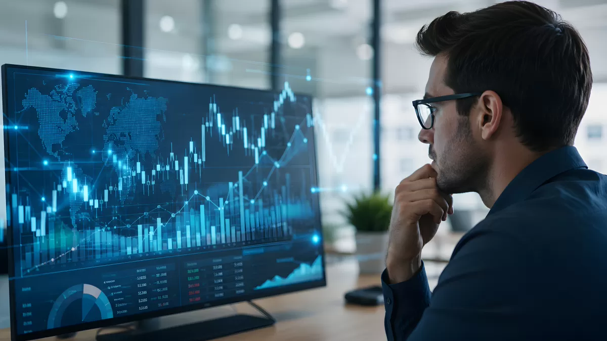 Analyst betrachtet Finanzdaten auf großem Monitor