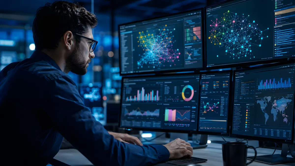 Analyst überwacht Netzwerkdaten auf mehreren Bildschirmen