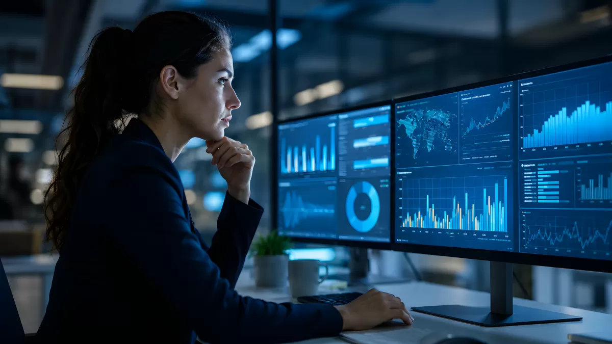 Analystin betrachtet Daten-Dashboard auf zwei Monitoren