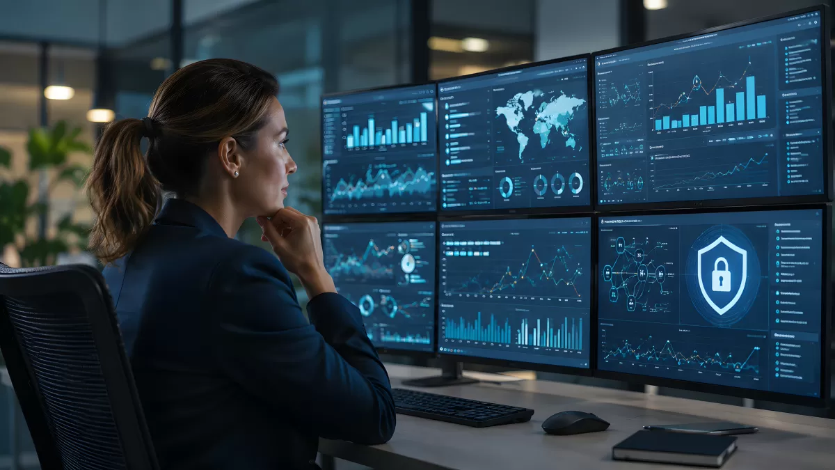 Analystin überwacht Cybersicherheit auf mehreren Bildschirmen