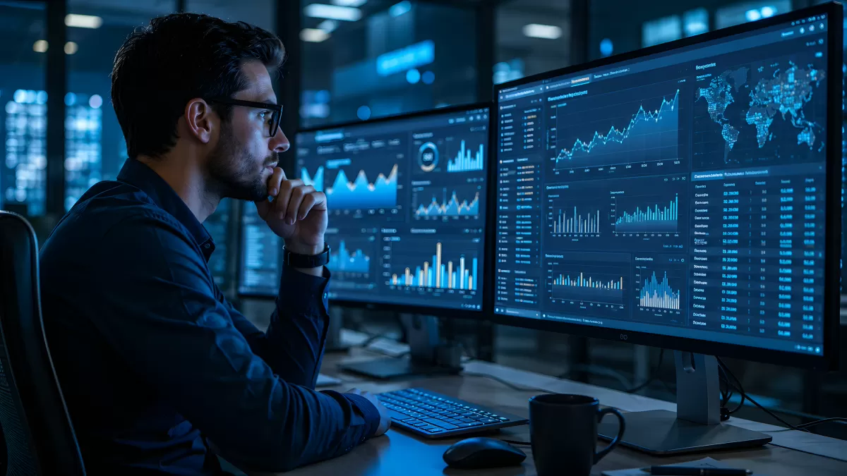 Analytiker betrachtet Daten-Dashboard auf zwei Monitoren