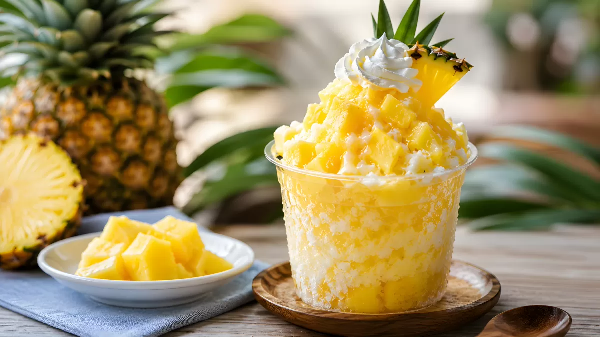 Ananas-Eisbecher mit Sahne und frischen Früchten