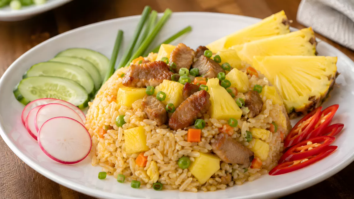 Ananas-Gebratener Reis mit Fleisch und frischem Gemüse