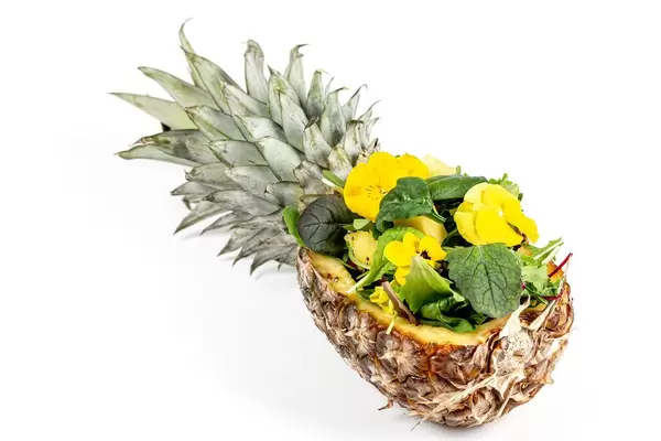 Ananas mit Blätter-Mix und essbaren Blumen gefüllt vor weißem Hintergrund