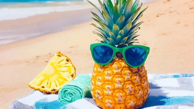 Ananas mit Sonnenbrille am tropischen Strand