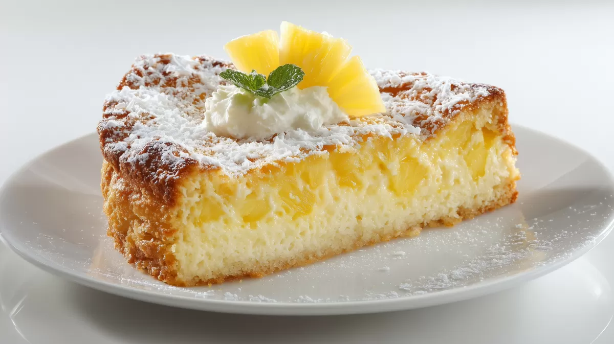 Ananas Quark Kuchen Stück mit Puderzucker garniert