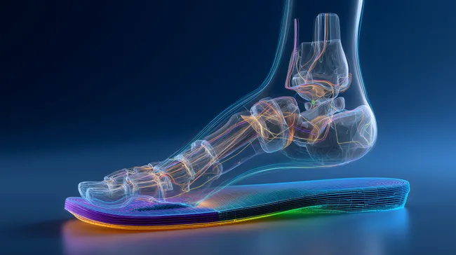 Anatomische Ansicht eines Fußes mit bunter Fußeinlage