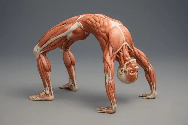 Anatomische Darstellung einer bückenden Figur mit Muskeldetails