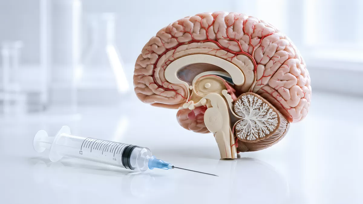 Anatomisches Gehirnmodell mit Spritze im Labor