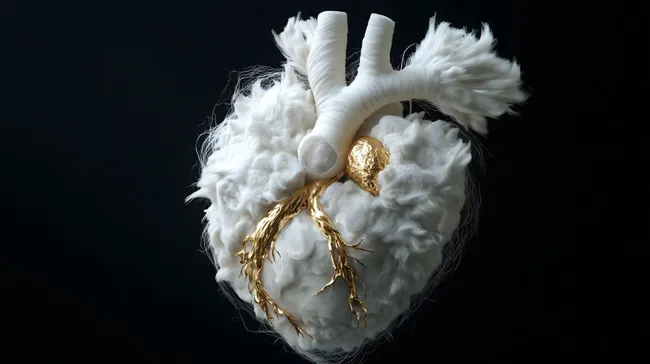 Anatomisches Herz mit goldenen Adern in weißem Fell