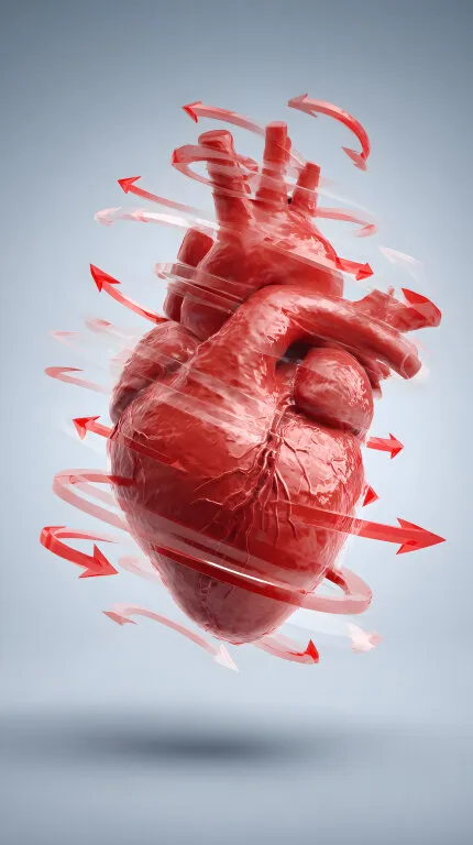 Anatomisches Herz-Modell mit dynamischen roten Pfeilen