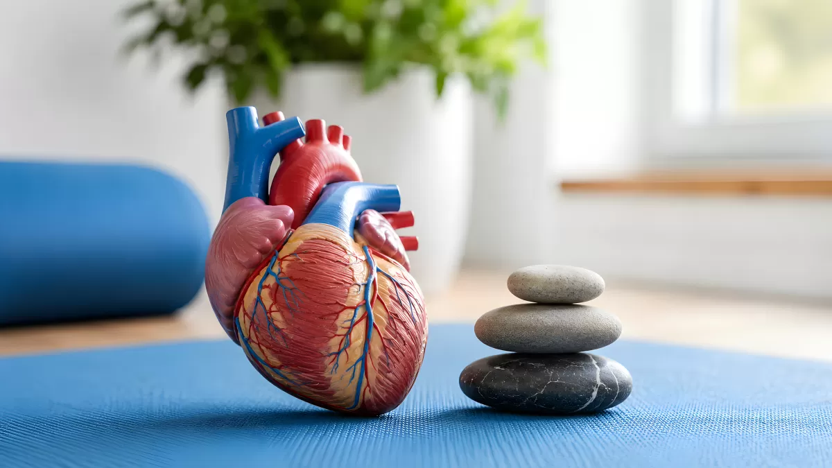 Anatomisches Herzmodell auf blauer Yogamatte mit Steinen