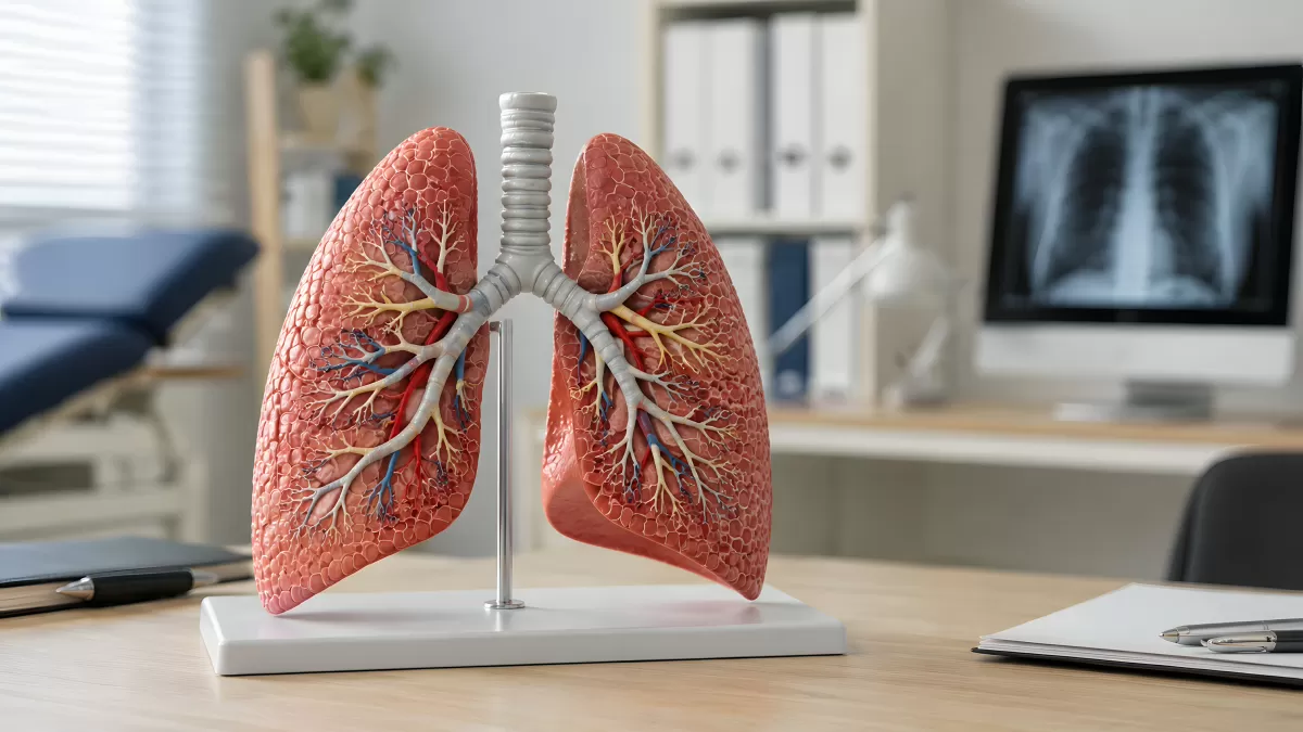Anatomisches Lungenmodell auf Arzttisch mit Röntgenbild