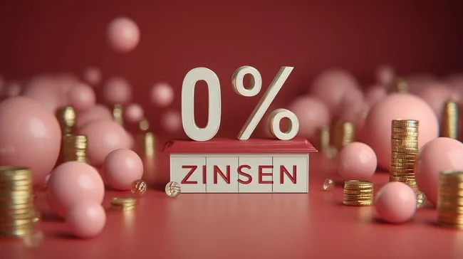 Angebot für 0% Zinsen - Goldmünzen und Geld-Konzept