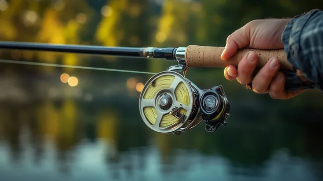 Angelrolle in Nahaufnahme am ruhigen See