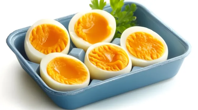 Angeschnittene gekochte Eier in blauer Schale