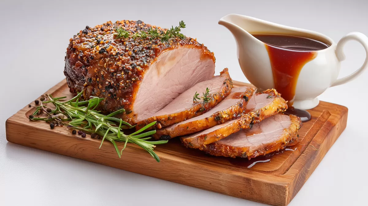 Angeschnittener Schweinebraten mit Jus auf Holzbrett