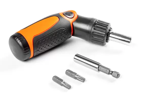 Angle screwdriver with bits on white