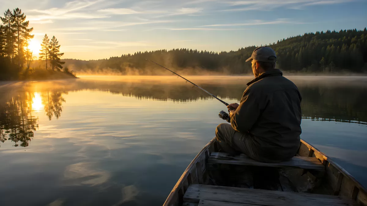 Angler im Ruderboot beim Fischen im Morgennebel