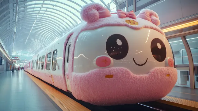 Anime-inspirierter, kuschelig-rosa Zug am Bahnhof