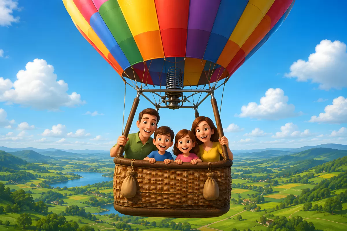 Animierte Familie im bunten Heißluftballon über grüner Landschaft