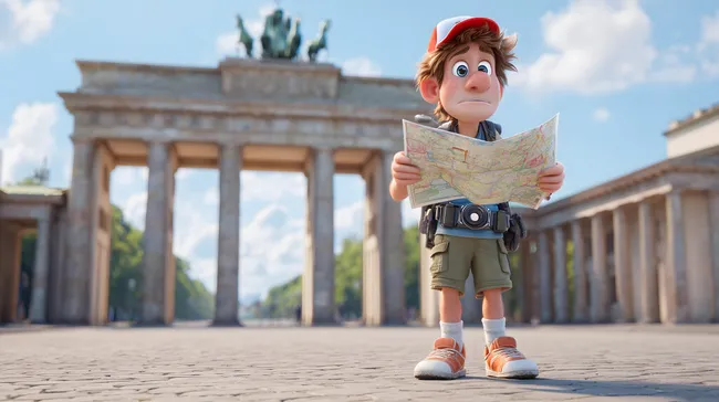 Animierter Tourist erkundet Berlin mit Stadtplan