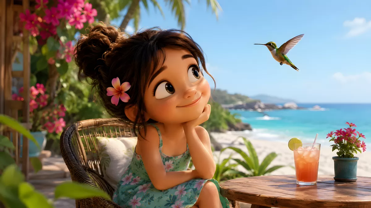 Animiertes Mädchen am tropischen Strand mit Kolibri