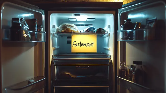 Ankündigung der Fastenzeit im leeren Kühlschrank